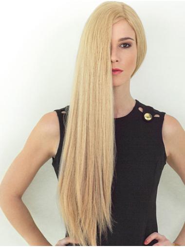 26" Long Blonde Straight Remy Human Hair Layered Soft Hand Tied Wigs