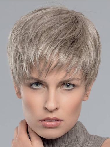 Monofilament Short Boycuts Synthetic 6" Straight Beautiful Grey Wigs