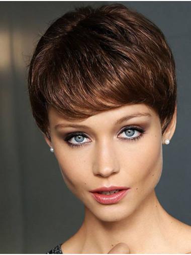 Brown 4" Monofilament Boycuts Synthetic Straight Ladies Short Wigs