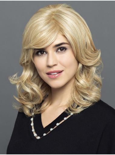 Synthetic 100% Hand-Tied Shoulder Length Blonde With Bangs 14" Comfortable Lace Wigs