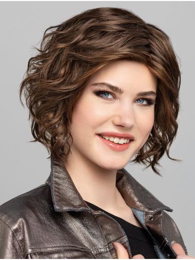 Synthetic Monofilament Chin Length Brown With Highlights Bobs 10" Sleek Lace Wigs