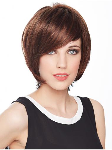 Straight Synthetic Auburn With Highlights 10" Bobs Monofilament Wigs