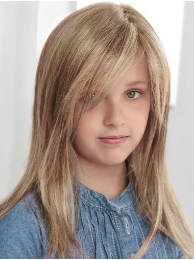Shoulder Length With Bangs Blonde 100% Hand-Tied Straight Kids Wigs Fashion
