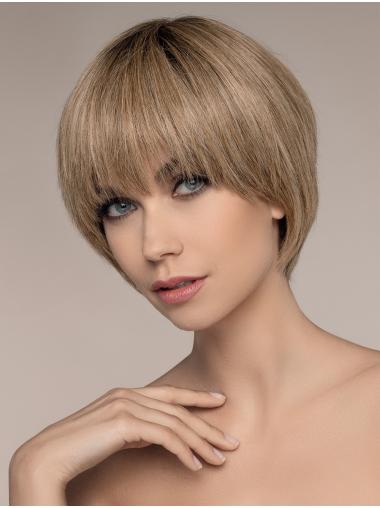 Blonde Short 100% Hand-Tied Straight With Bangs Human Hair Wigs