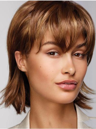 Monofilament 12" With Bangs Straight Chin Length Brown Realistic Looking Synthetic Wigs