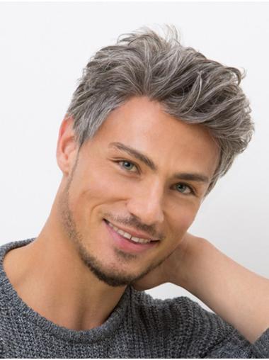 6" Lace Front Remy Human Hair Grey Straight Good Men Wigs