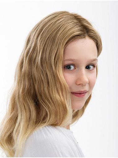 Shoulder Length 100% Hand-tied Wavy Without Bangs Blonde Kids Wigs