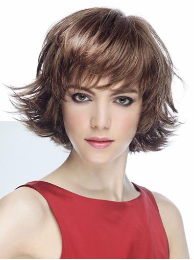 Brown Short With Bangs Wavy 8" Mono Wigs