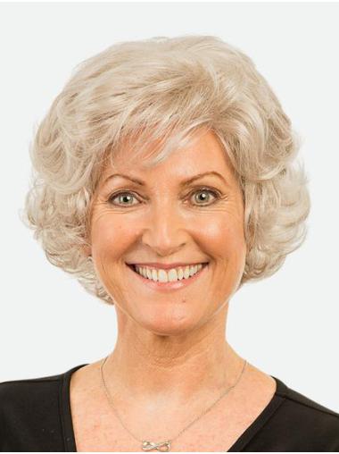 Chin Length Wavy Synthetic Grey Bobs Top Monofilament Wigs