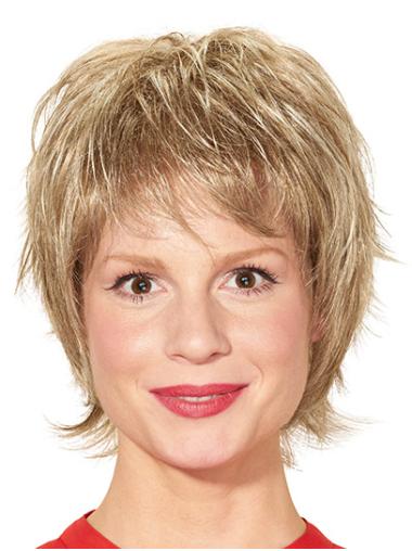 Straight Short Blonde 8" Layered Synthetic Ready To Wear Monofilament Wigs