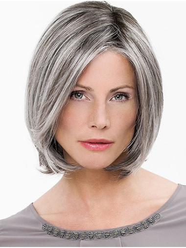 Straight Chin Length Grey 10" Bobs Synthetic Mono Top Wigs