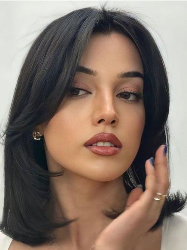 Medium Length Real Hair Wigs Layered Straight Lace Front Wigs