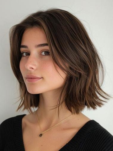 Human Hair Wigs Medium Brown Bobs Wavy Lace Front Wigs