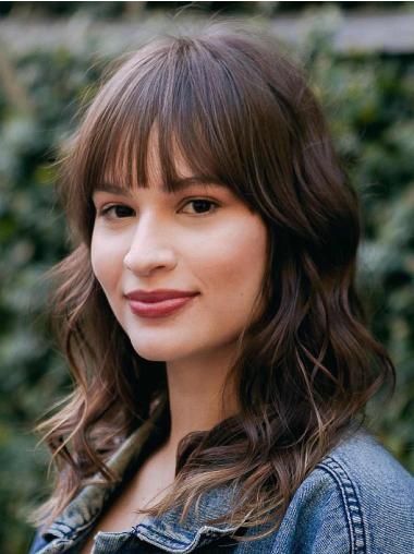 Medium Length Human Hair Wigs With Bangs With Bangs Wavy Monofilament Wigs