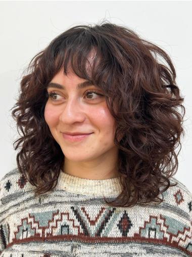 Mid Length Wigs With Bangs 14" Curly Remy Human Hair Brown Wigs