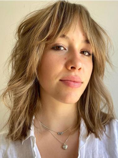 Medium Length Hair Wigs 14" Wavy Remy Human Hair Blonde Wigs