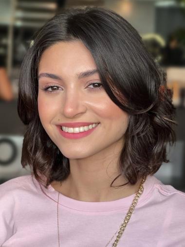 Medium Length Black Human Hair Wigs Layered Wavy Lace Front Wigs