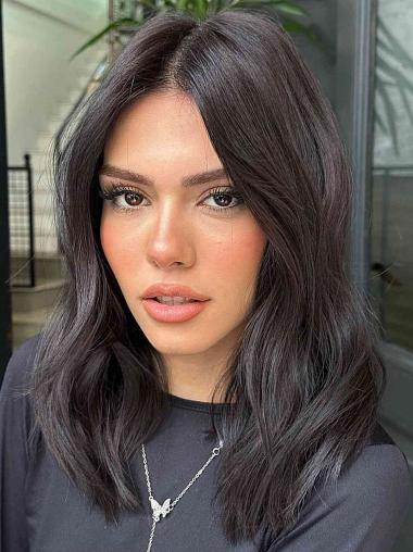 Black Medium Length Wig Remy Human Hair Wavy Layered 14" Wigs