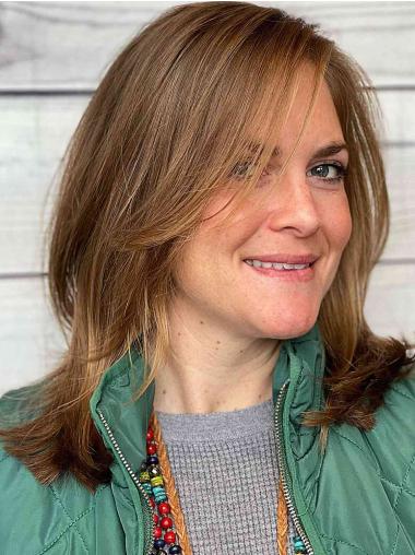 Medium Length Blonde Wig Remy Human Hair Straight With Bangs 14" Wigs