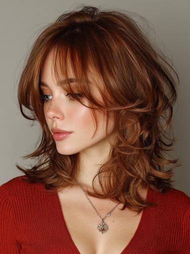 Medium Length Ladies Wigs Synthetic Wavy Layered 14" Wigs