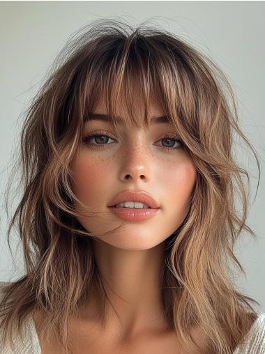 Medium Length Brown Wig Synthetic Wavy With Bangs 12" Wigs