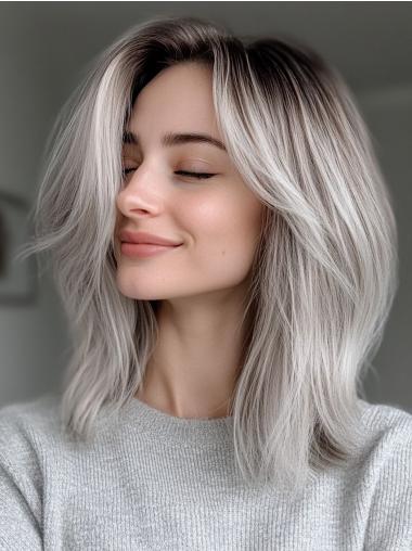 Mid Length Gray Wigs Layered 12" Remy Human Hair Wigs