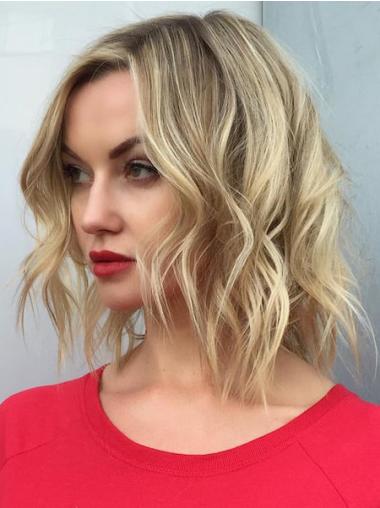 Real Hair Wigs Medium Length Layered Wavy Monofilament Wigs