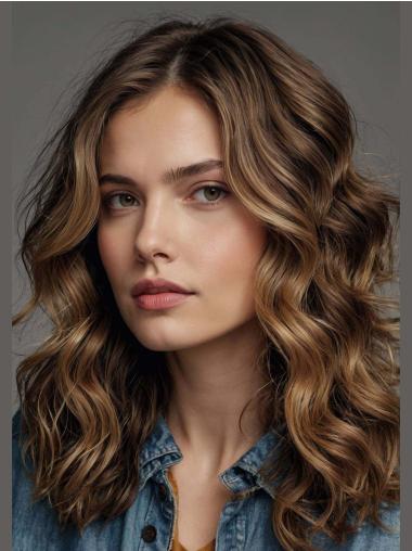 Ladies Medium Length Real Hair Wigs Layered Wavy Monofilament Wigs