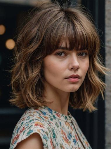 Medium Length Human Hair Wigs With Bangs Wavy Monofilament Wigs
