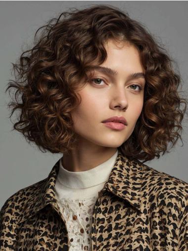 Brown Medium Wig Remy Human Hair Curly Bobs 10" Wigs
