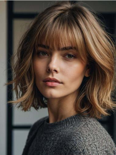 Human Hair Medium Wigs With Bangs Wavy Lace Front Wigs