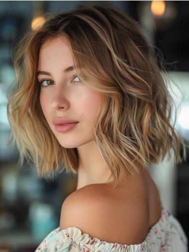 Medium Wigs Remy Human Hair Wavy Bobs 12" Lace Front Wigs