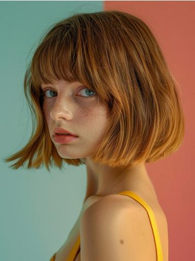 Medium Length Real Hair Wigs With Bangs Straight Lace Front Wigs