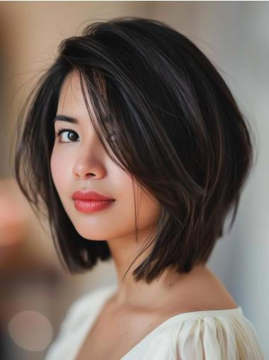 Human Hair Mid Length Wigs With Bangs Straight Lace Front Wigs