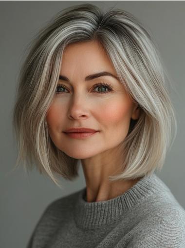 Medium Length Gray Wigs Bobs Monofilament Remy Human Hair Wigs
