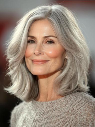 Medium Gray Wigs Layered Monofilament Remy Human Hair Wigs