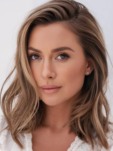 Medium Length Real Hair Wigs Blonde 12" Wavy Lace Front Wigs