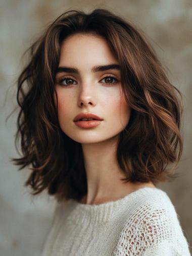 Medium Human Hair Wigs Brown 12" Wavy Lace Front Wigs