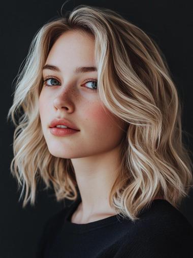 Wavy Wig Medium Length Lace Front Remy Human Hair 12" Blonde Wigs