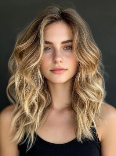 Real Hair Wigs Medium Length Blonde 14" Wavy Lace Front Wigs