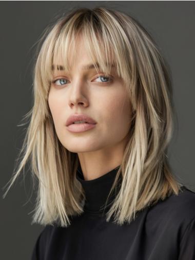 Medium Human Hair Wigs Blonde 12" Straight Lace Front Wigs