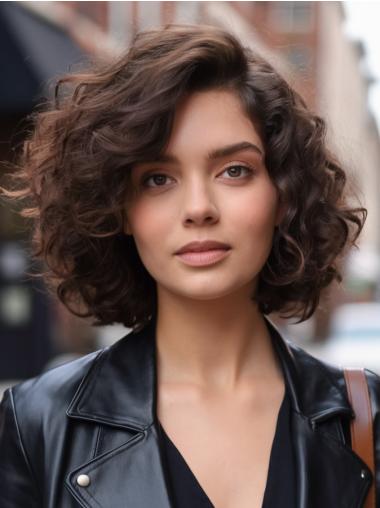 Curly Medium Length Wigs Monofilament Remy Human Hair 10" Brown Wigs