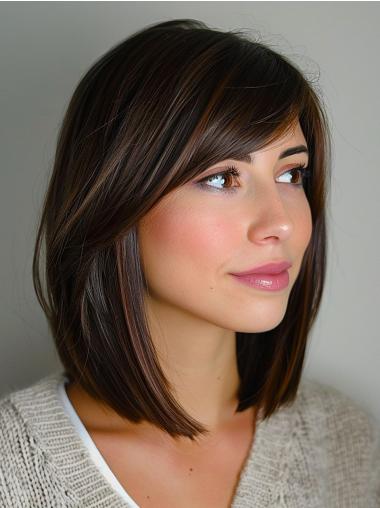 Medium Trendy Bob Wigs Monofilament Remy Human Hair 12" Brown Wigs