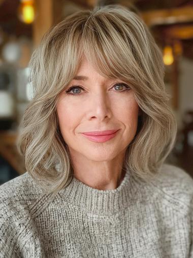 Medium Length Human Hair Wigs Blonde 12" Wavy Monofilament Wigs