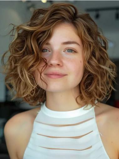 Medium Curly Bob Wigs Lace Front Remy Human Hair 10" Brown Wigs