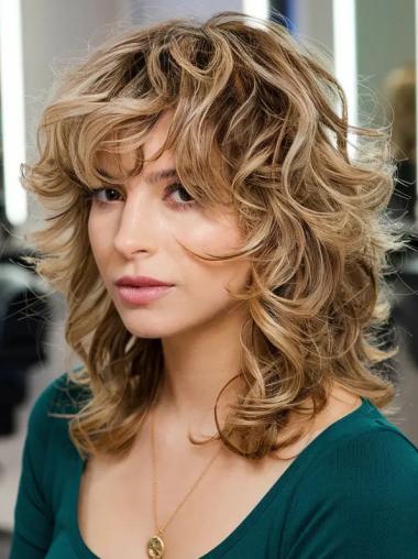 Medium Length Real Hair Wigs Blonde 14" Curly Lace Front Wigs