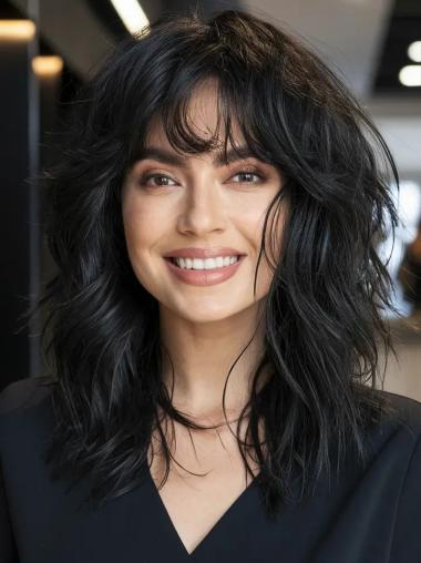 Medium Length Wigs Human Hair Black 14" Wavy Monofilament Wigs