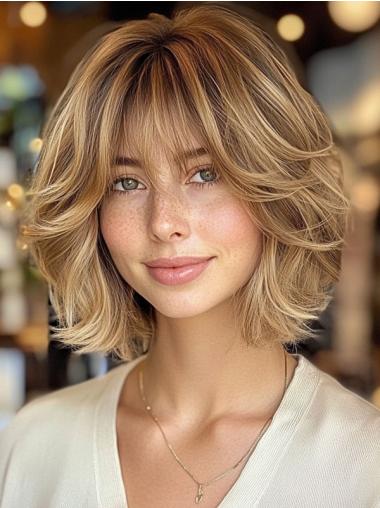 Medium Length Wavy Wigs Monofilament Remy Human Hair 10" Blonde Wigs