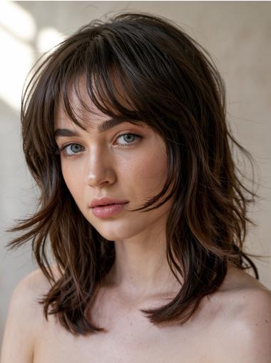 Brown Medium Wig Remy Human Hair With Bangs 14" Wigs