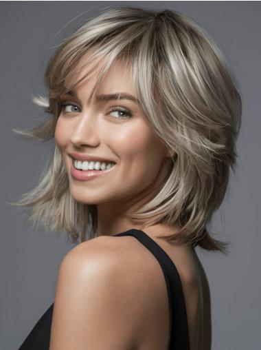 Medium Blonde Hair Wig Remy Human Hair With Bangs 10" Wigs